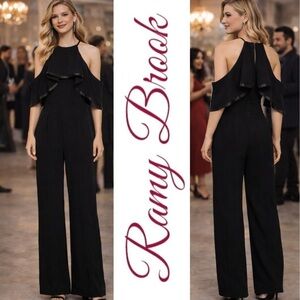 NWT RAMY BROOK Estelle Black Halter Wide Leg Luxe Crepe Jumpsuit Resortwear, XS